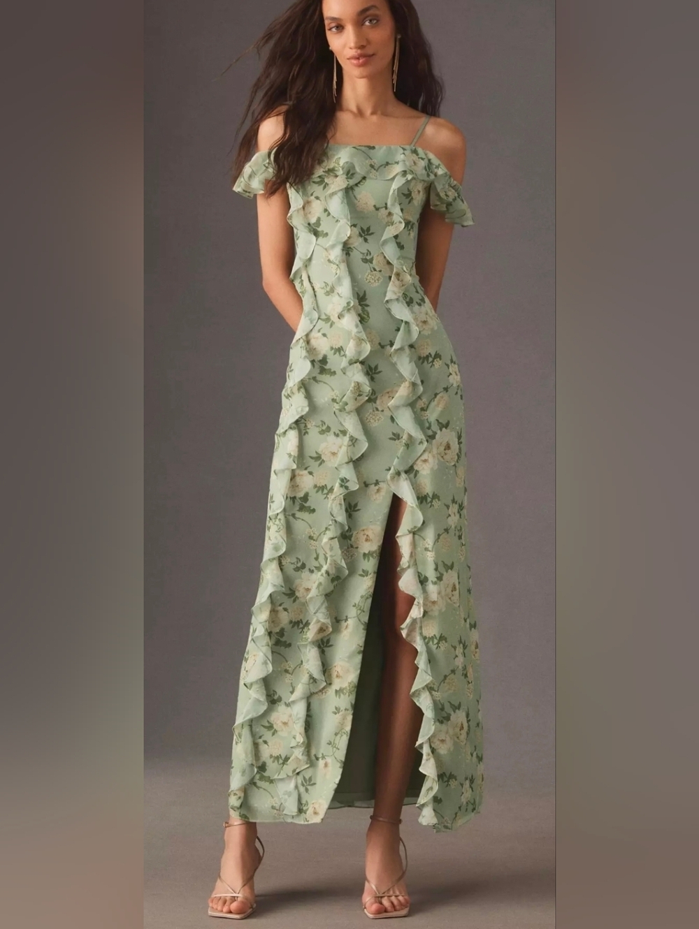 Anthropologie BHLDN Sage Green Floral Ruffle Chiffon Maxi Dress